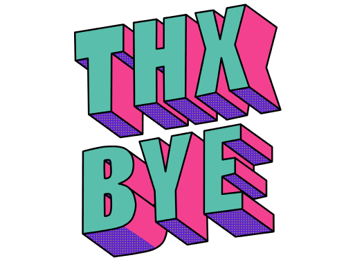 THX BYE Logo: Typografie in türkis, lila und pink